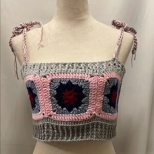 Crochet Knit Pink and Gray Women Top